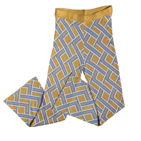 Forever 21 Size XL Retro 70s Flare Leg Stretch Pants Gold Glitter Geometric - Picture 1 of 9